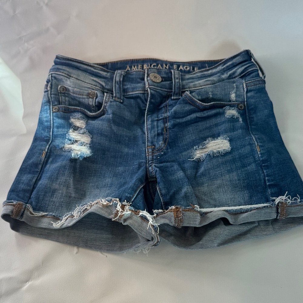 American Eagle Outfitters Women's Ripped Jean Shorts - Dark Blue